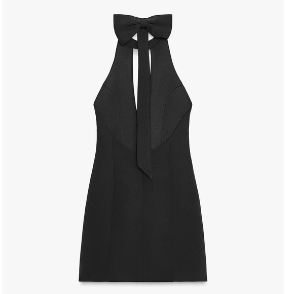 Zara NWT open bow back choker collar feel v neck black luxe thick mini dress - Picture 9 of 11